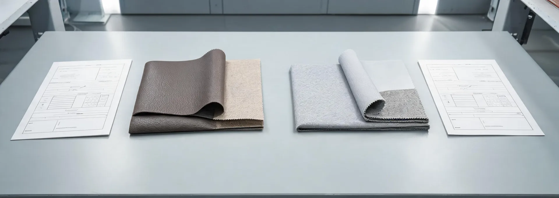 Microfiber coated material samples in an automotive trim validation studio
