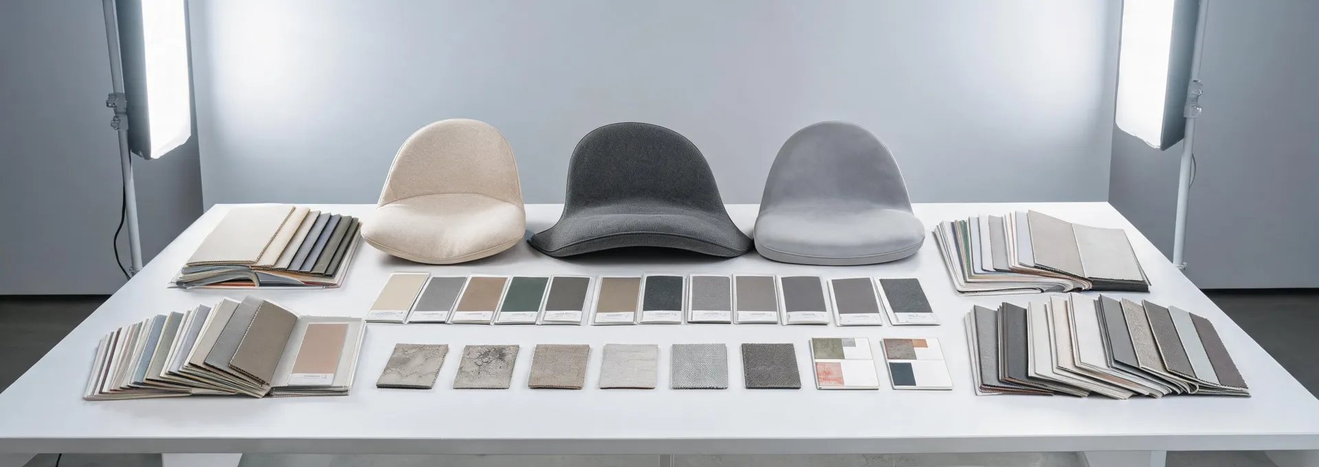 Coated upholstery specimens in a contract seating test studio