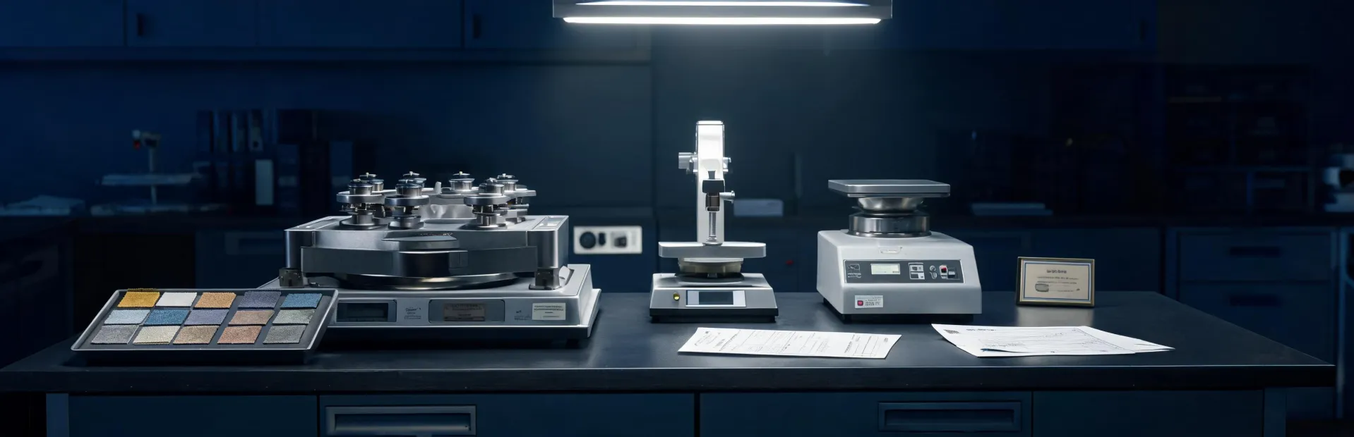 Accredited textile test bench with coated fabric specimens